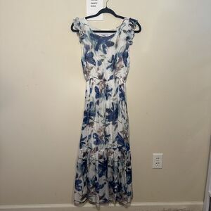 Le Ragazze Made in Italy Blue Floral Silk Blend Maxi Dress M Ruffle Sleeves Boho